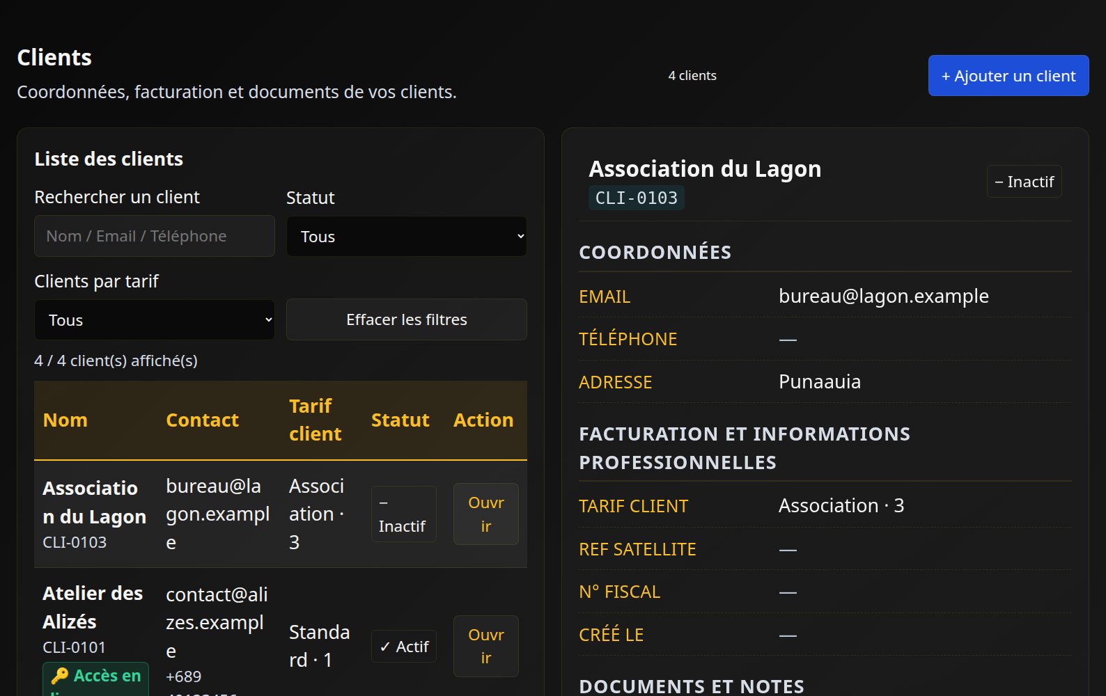 Écran Clients