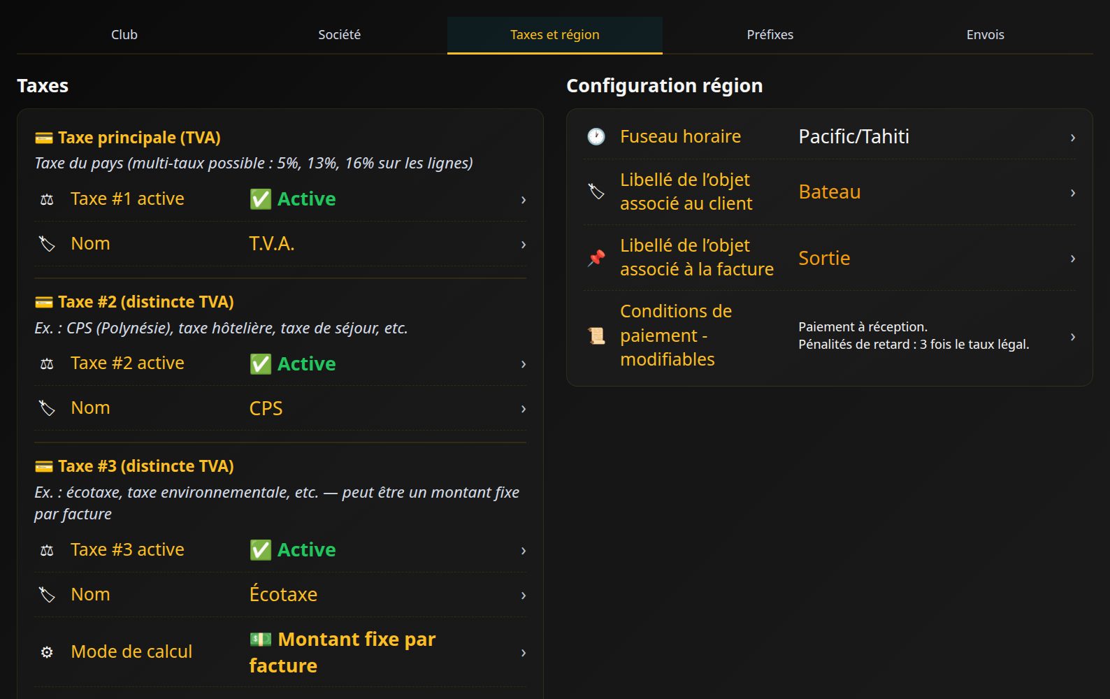 Gestion du club › Taxes et région